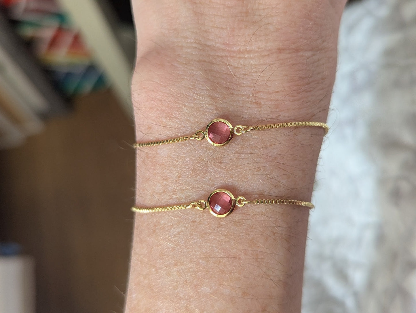 Light Pink Small Faceted Round Gold Slider Bracelet