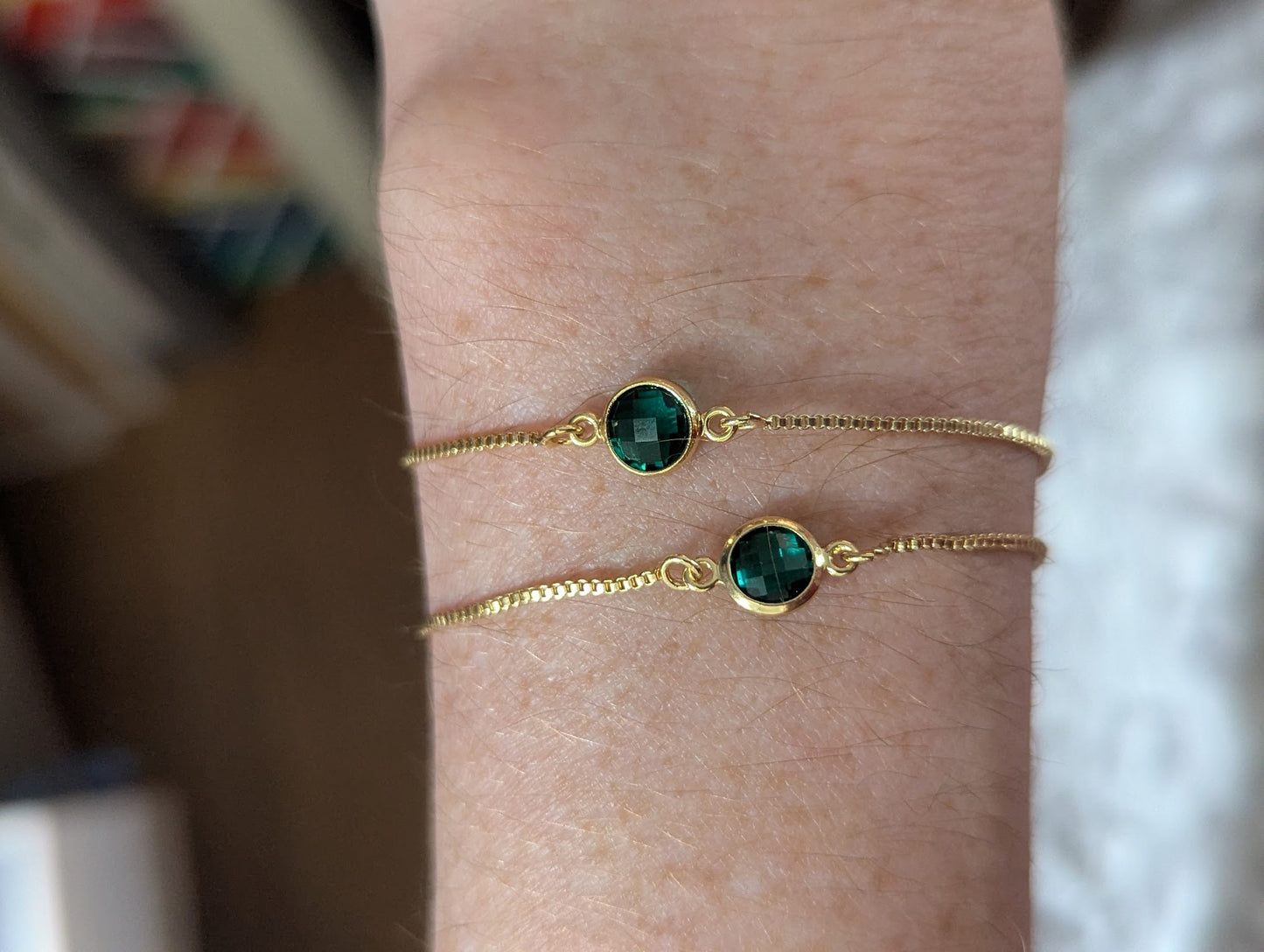 Dark Green Small Faceted Round Gold Slider Bracelet