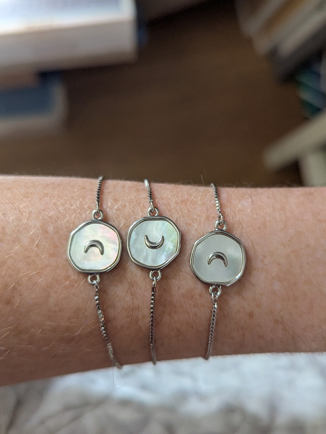 Freshwater Pearl Crescent Moon Slider Bracelet (Silver or Gold)