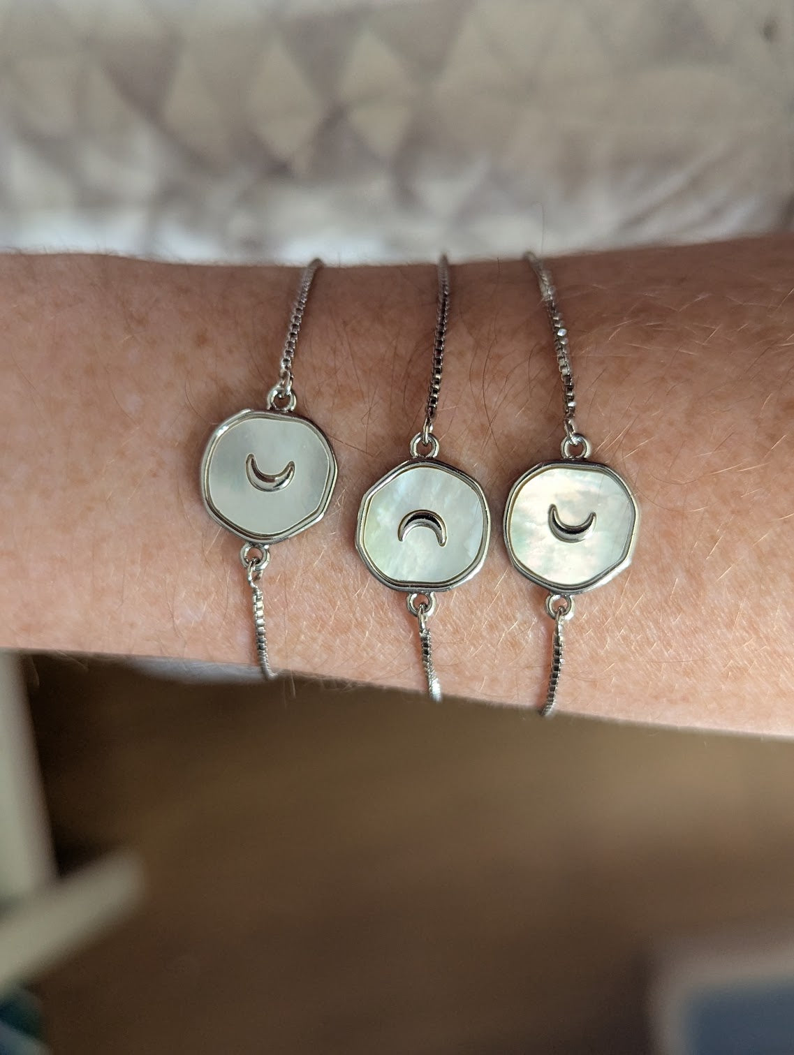 Freshwater Pearl Crescent Moon Slider Bracelet (Silver or Gold)