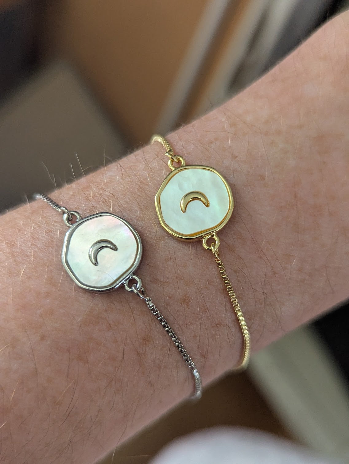 Freshwater Pearl Crescent Moon Slider Bracelet (Silver or Gold)