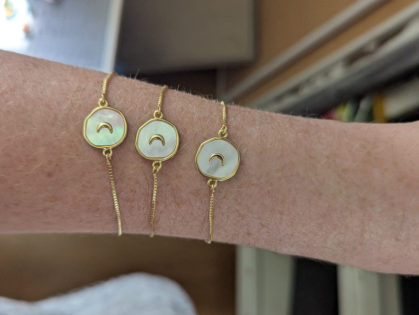 Freshwater Pearl Crescent Moon Slider Bracelet (Silver or Gold)