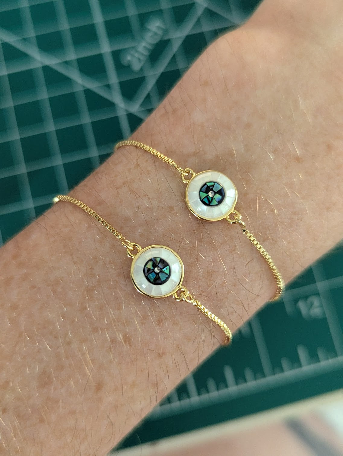 Mother of Pearl and Abalone Evil Eye Gold Slider Bracelet