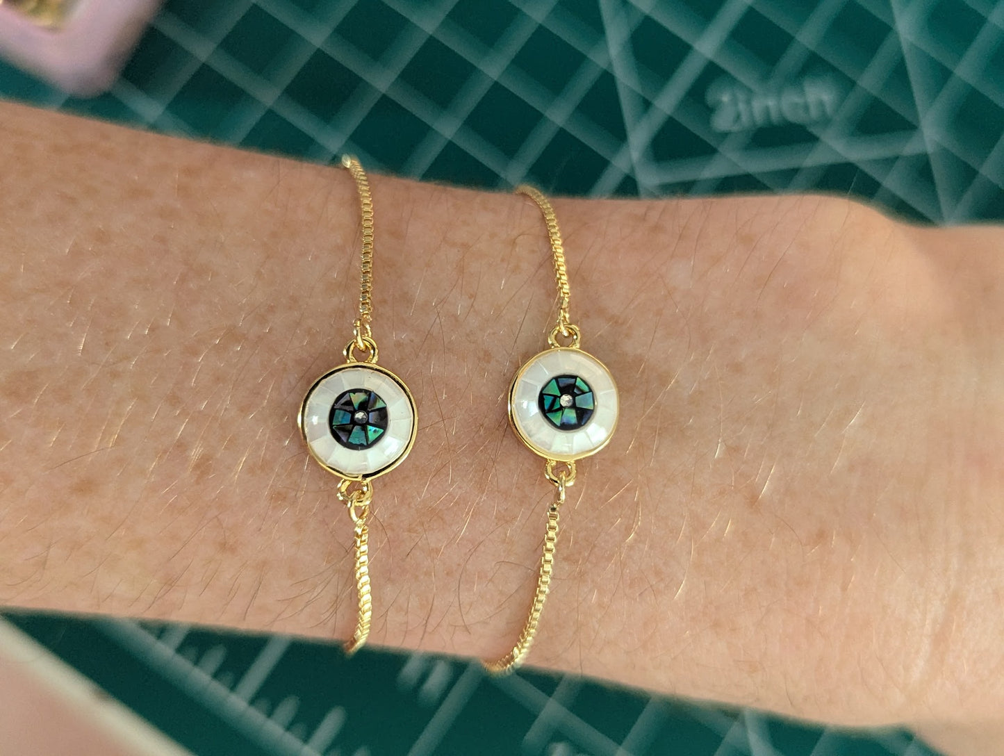 Mother of Pearl and Abalone Evil Eye Gold Slider Bracelet