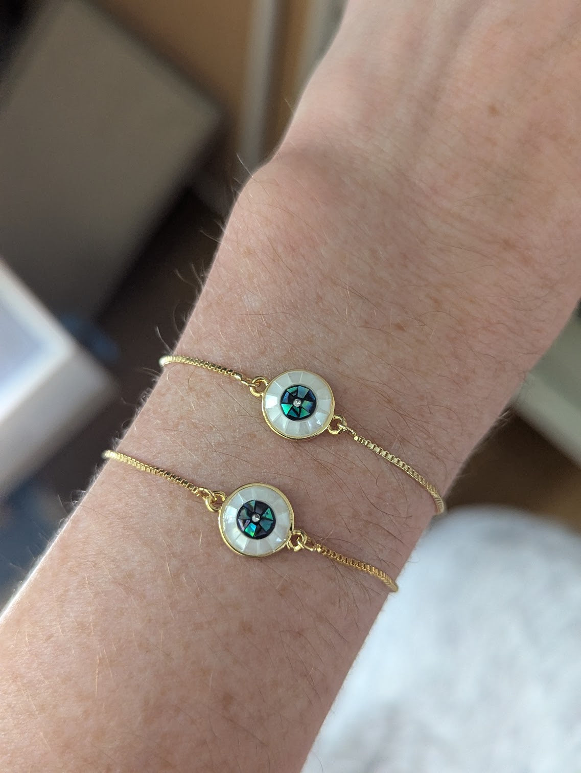 Mother of Pearl and Abalone Evil Eye Gold Slider Bracelet