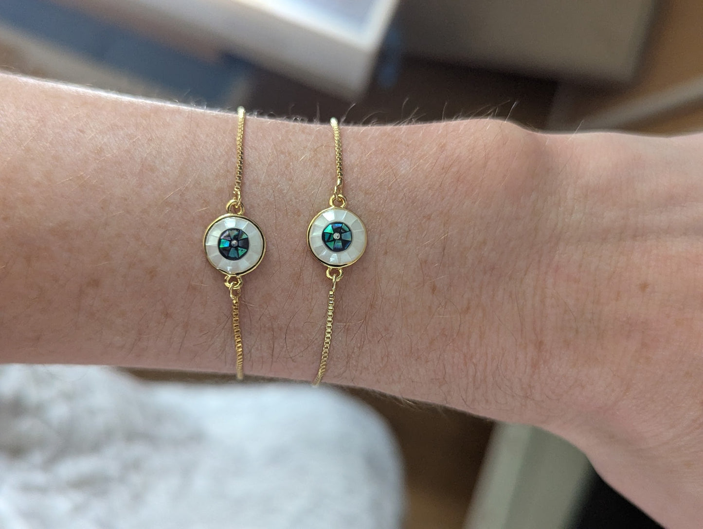 Mother of Pearl and Abalone Evil Eye Gold Slider Bracelet