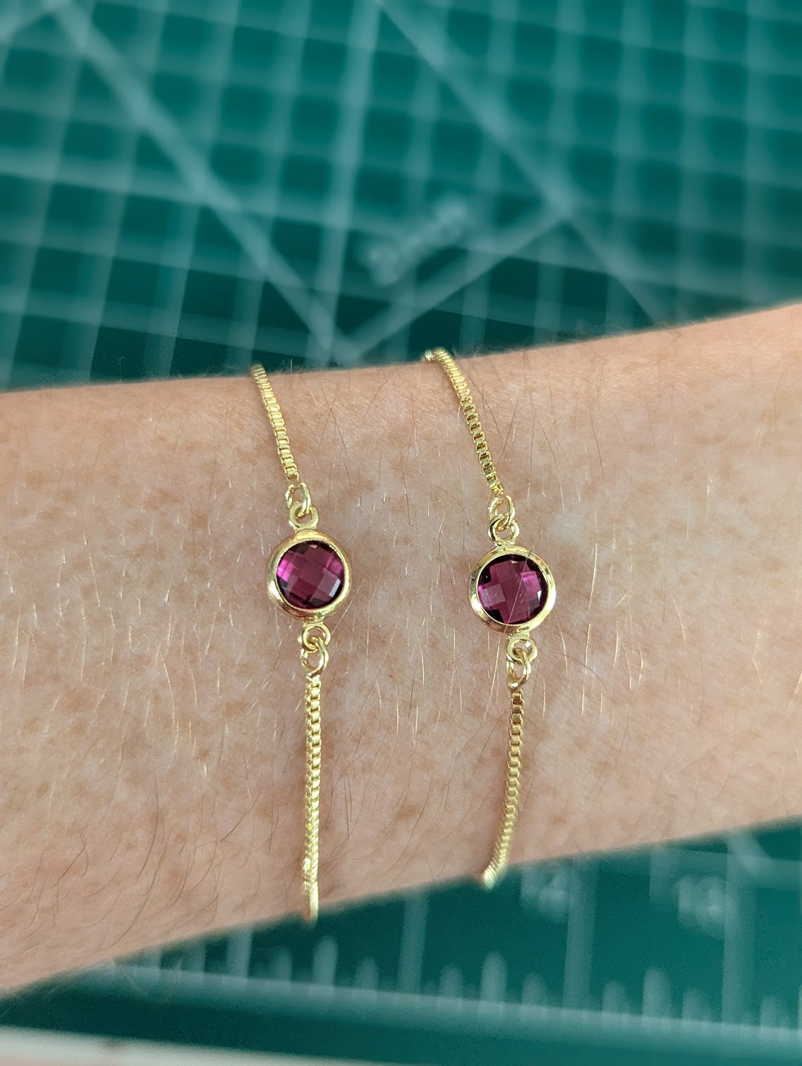 Dark Pink Small Faceted Round Gold Slider Bracelet