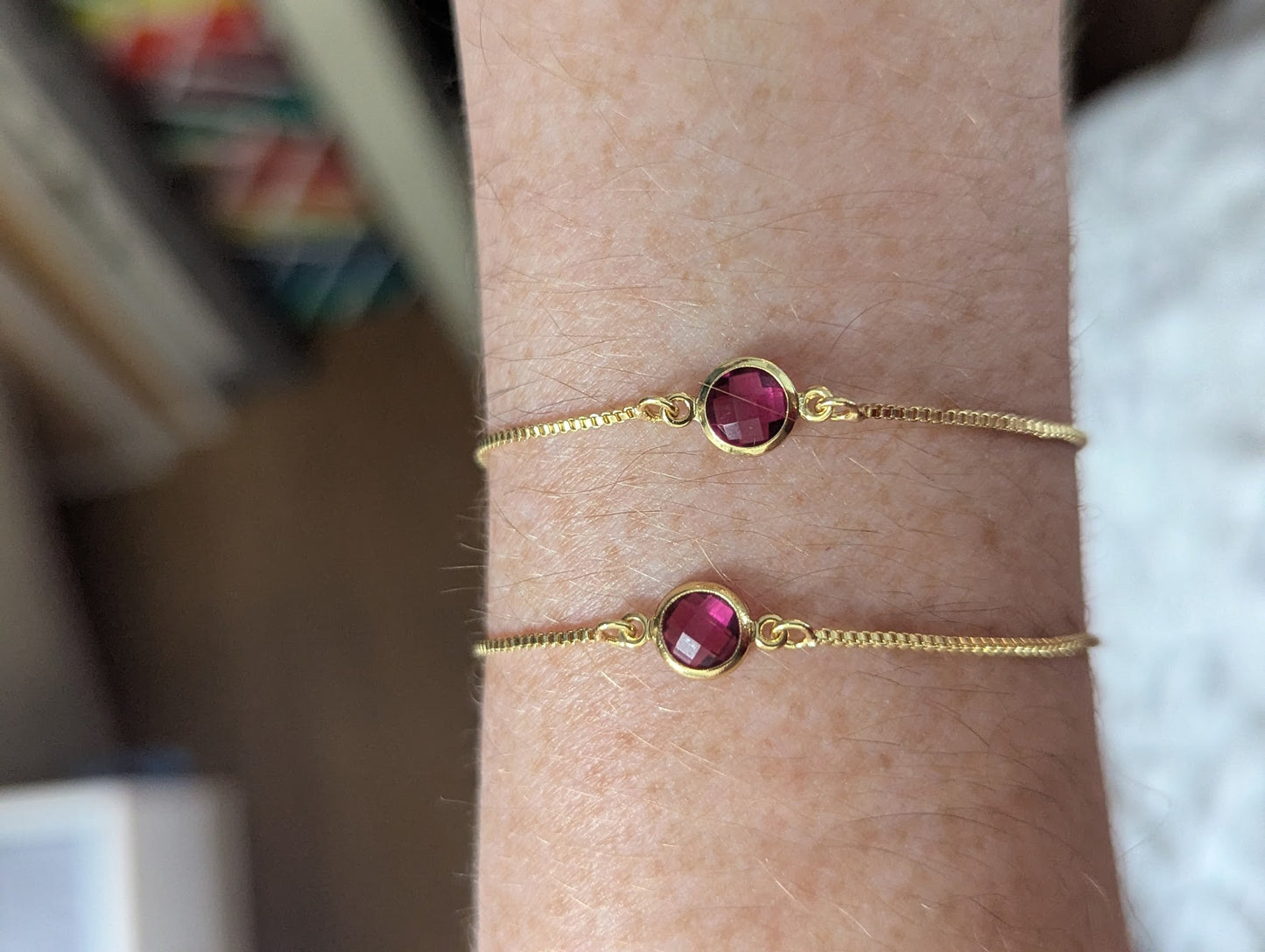 Dark Pink Small Faceted Round Gold Slider Bracelet
