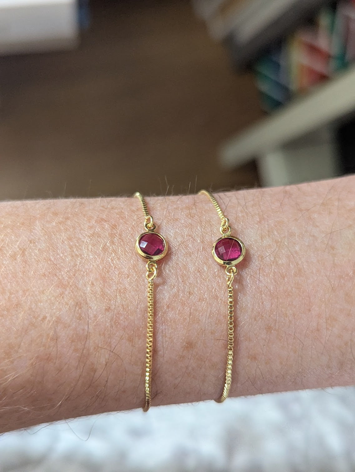 Dark Pink Small Faceted Round Gold Slider Bracelet