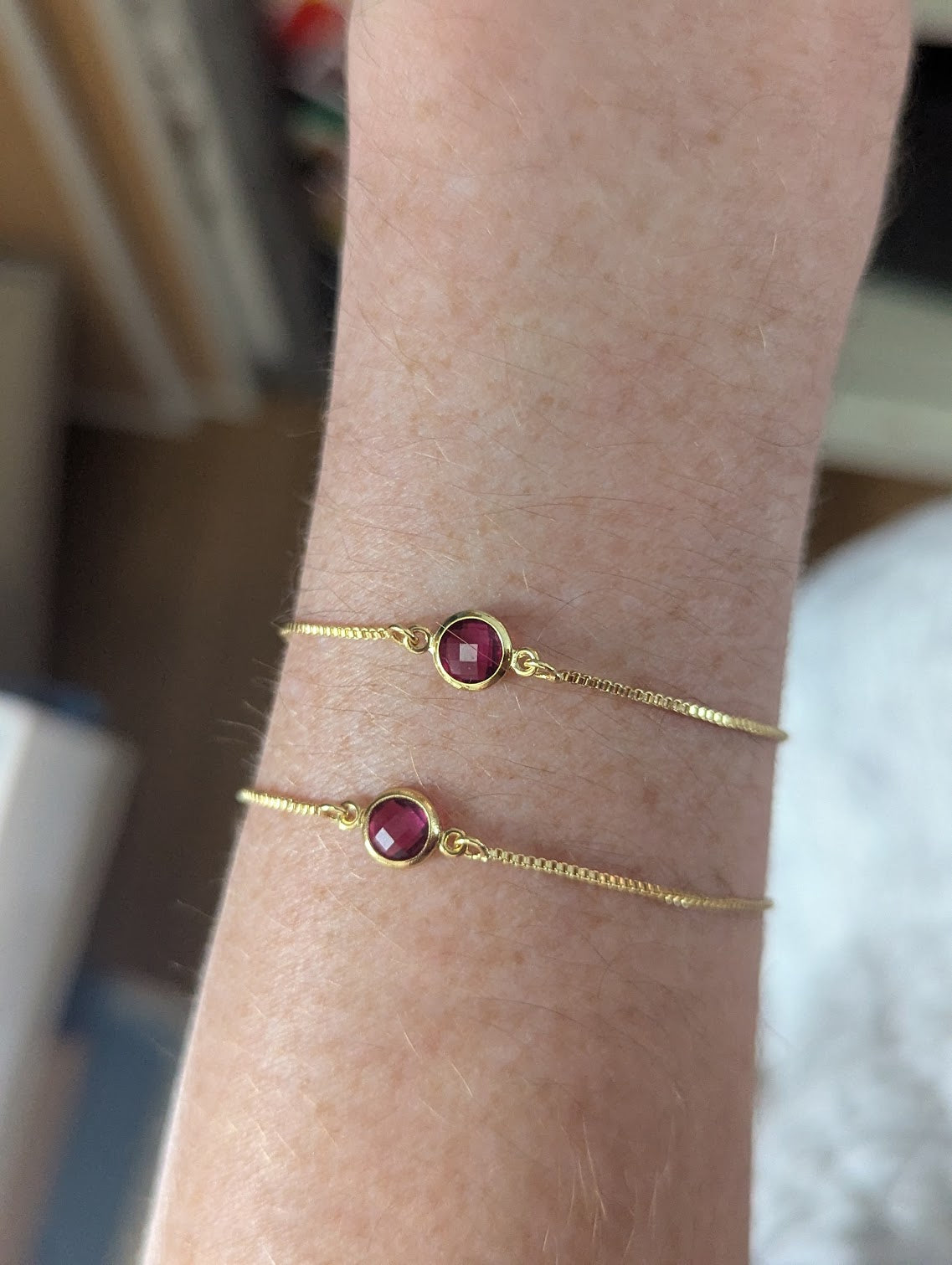 Dark Pink Small Faceted Round Gold Slider Bracelet