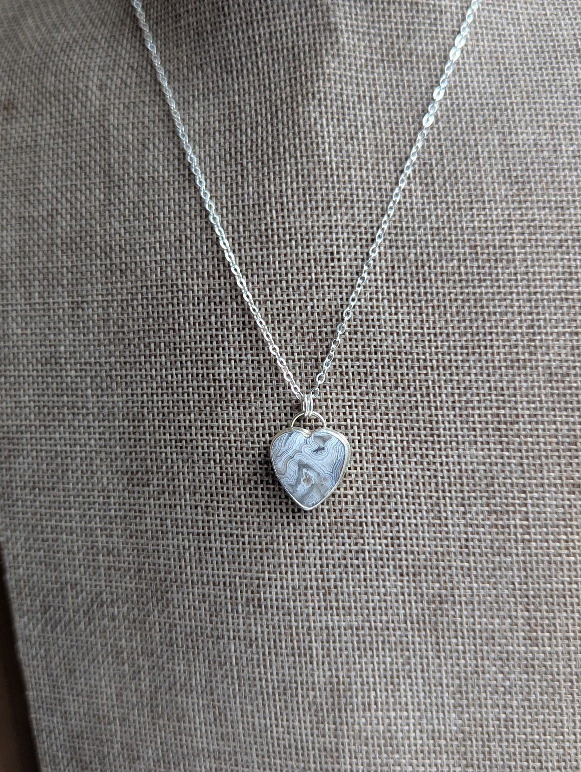 Lace Agate Heart Sterling Silver Necklace