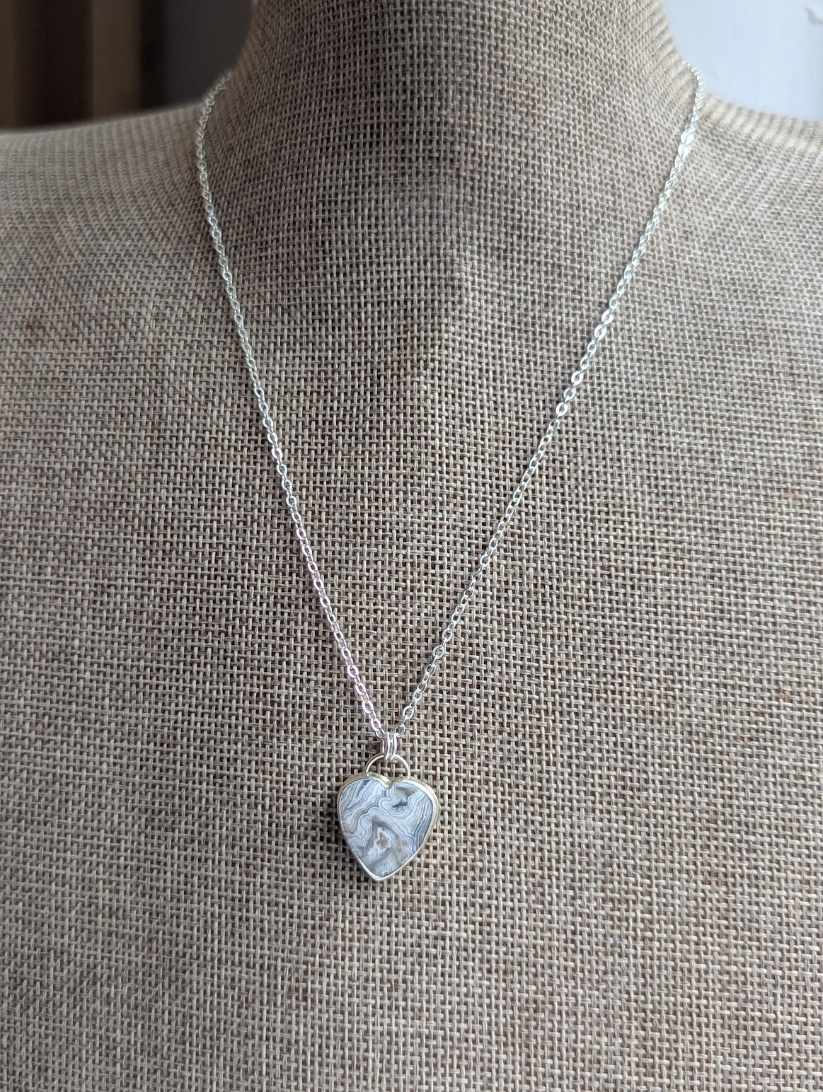 Lace Agate Heart Sterling Silver Necklace