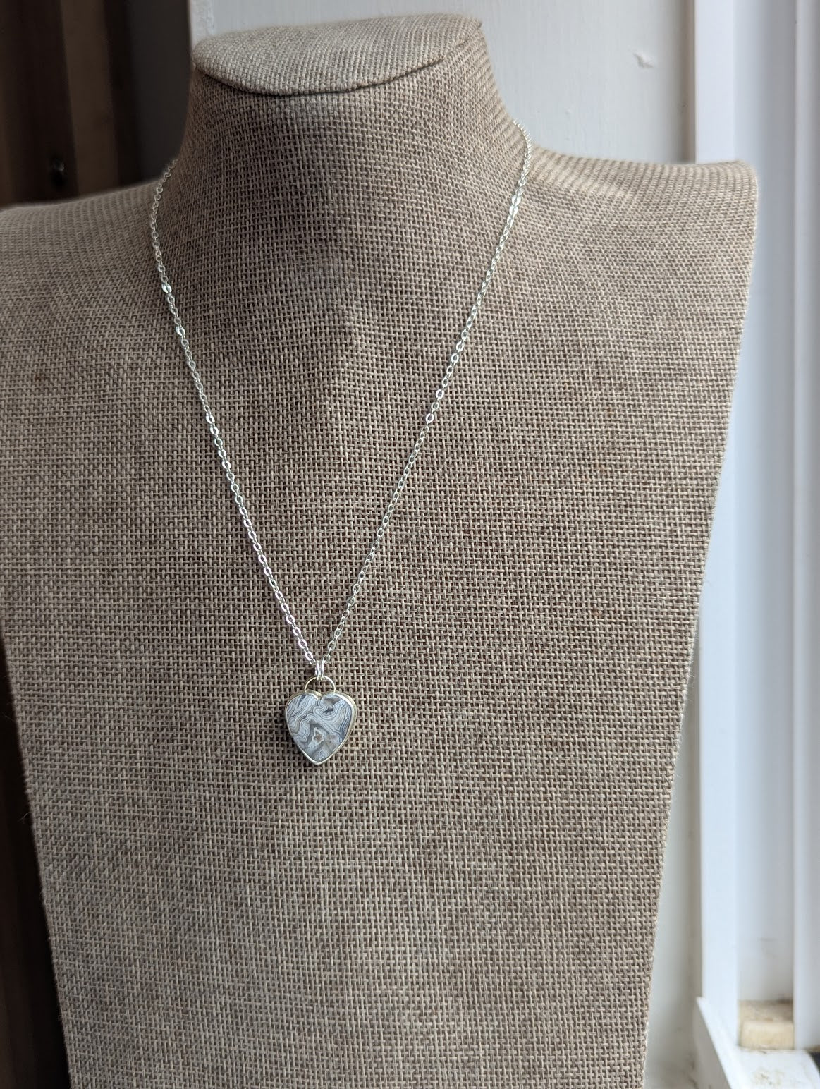 Lace Agate Heart Sterling Silver Necklace