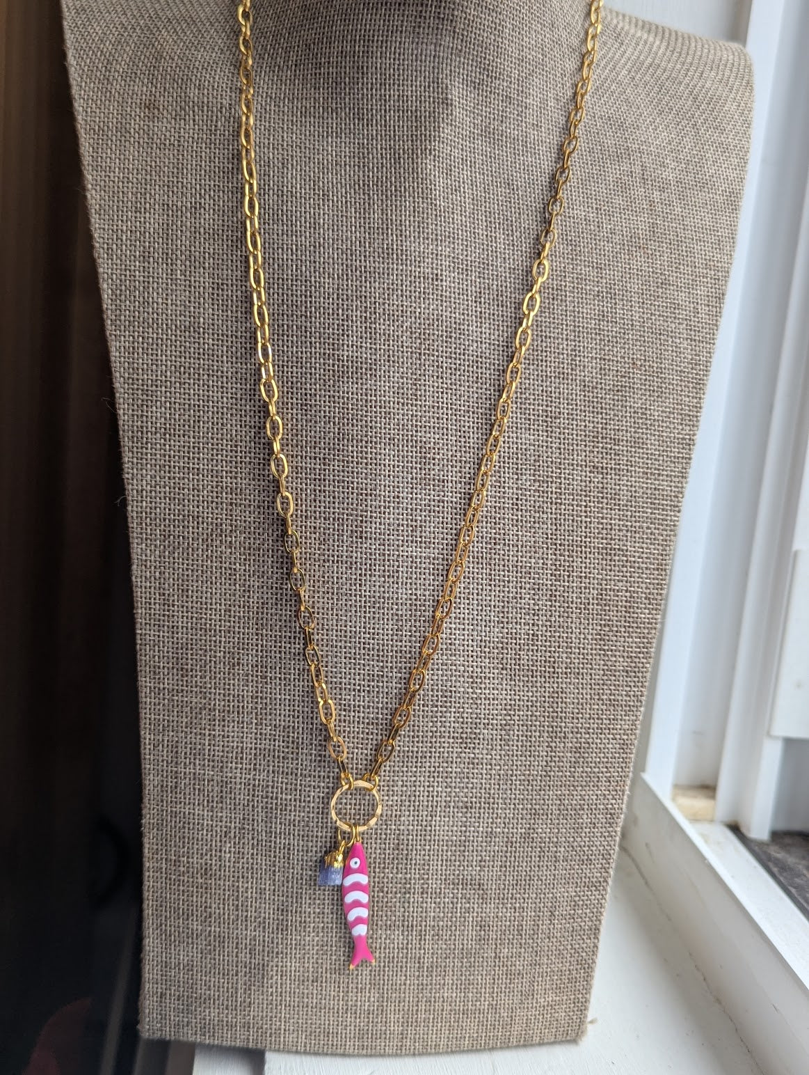 Pink Fishy Long Gold Necklace