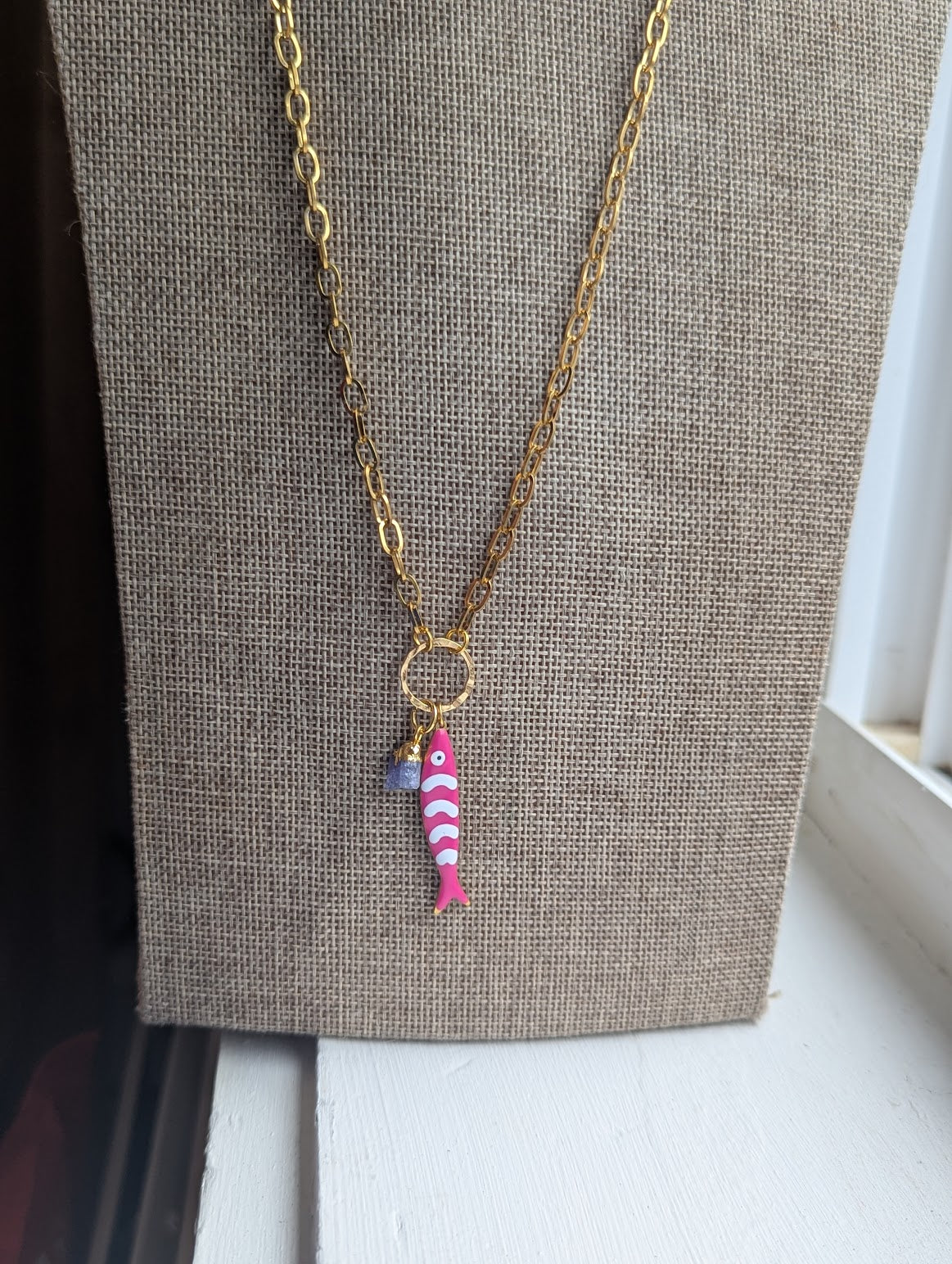 Pink Fishy Long Gold Necklace