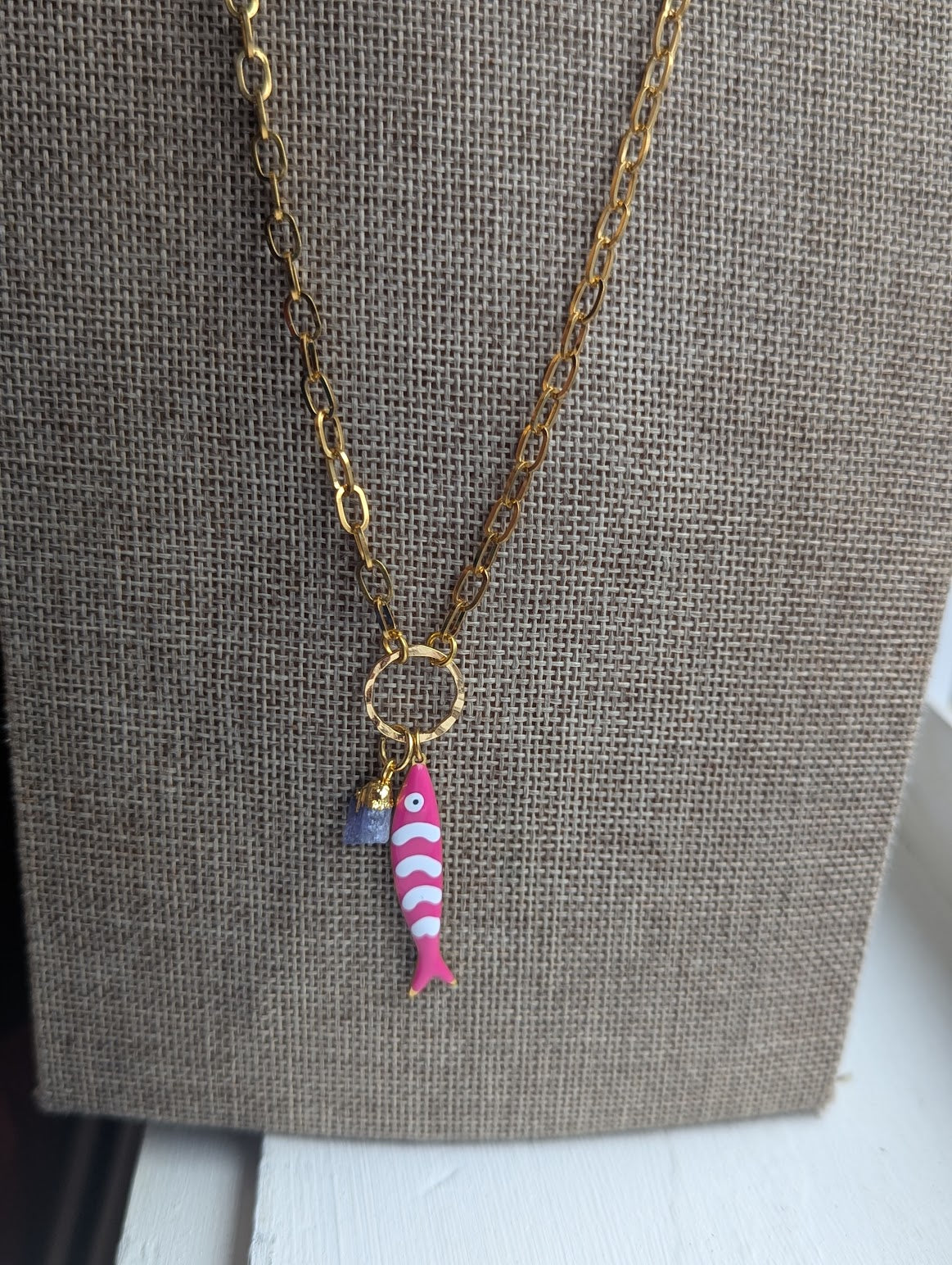 Pink Fishy Long Gold Necklace
