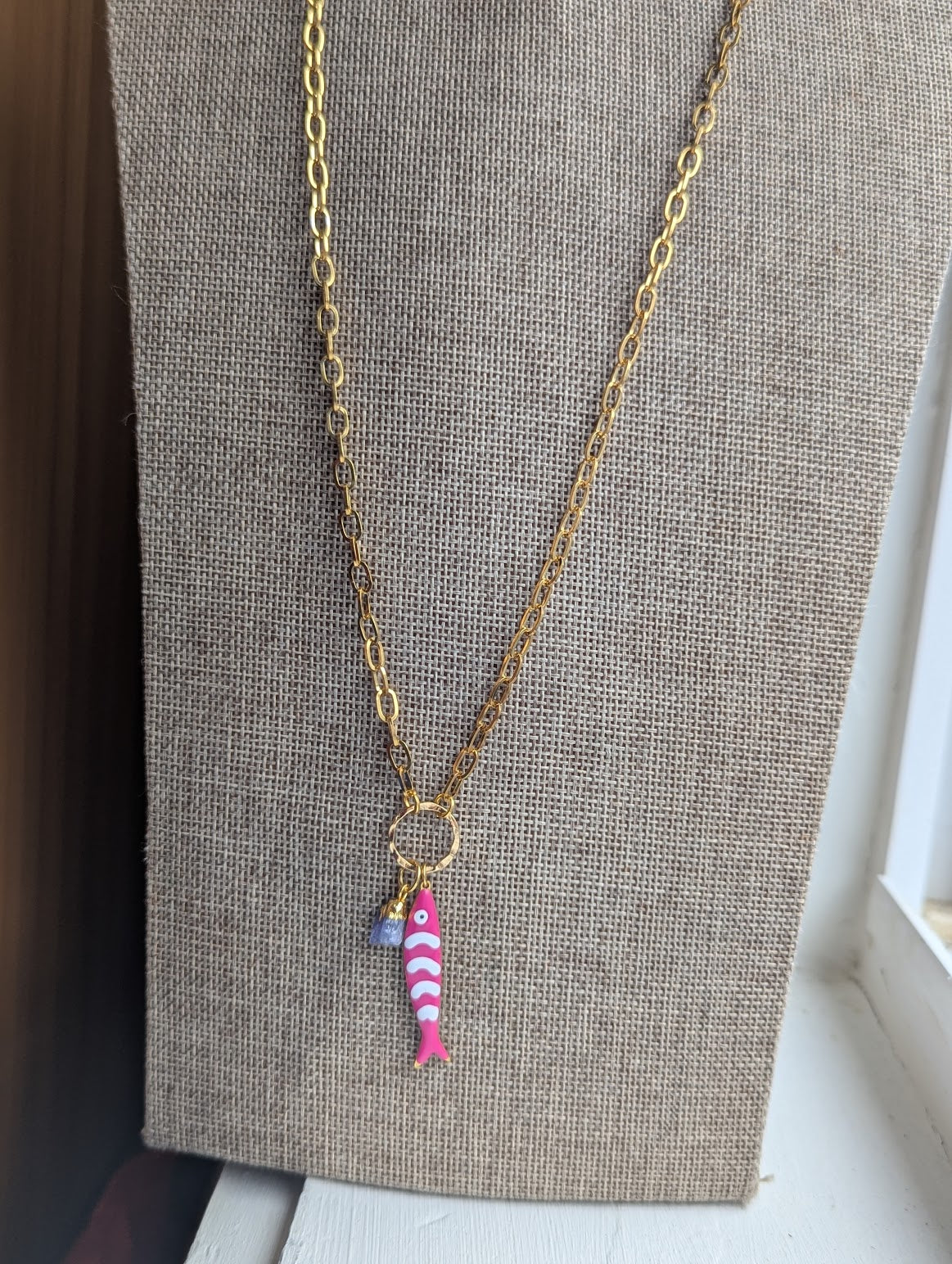 Pink Fishy Long Gold Necklace