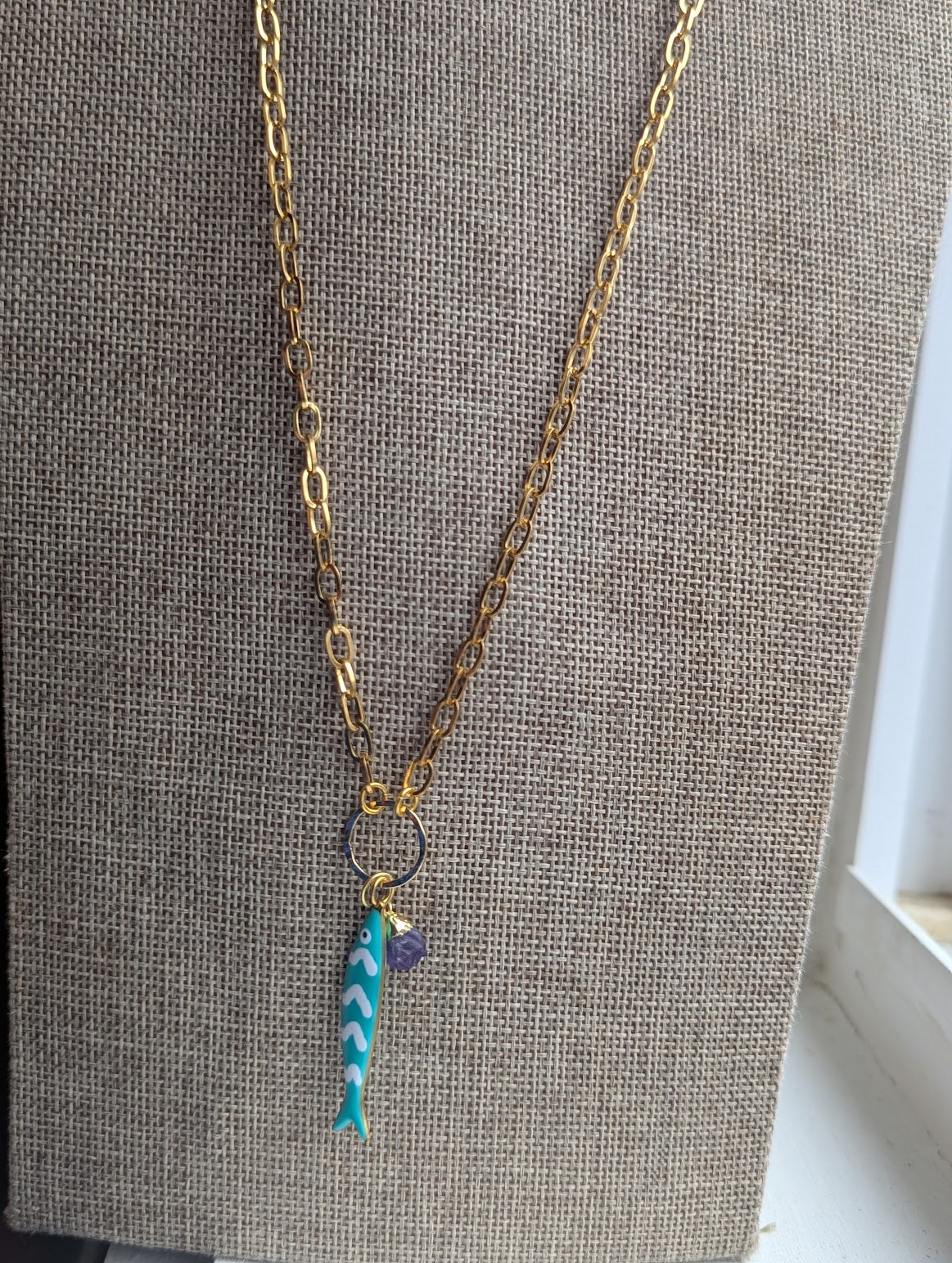 Teal Fishy Long Gold Necklace