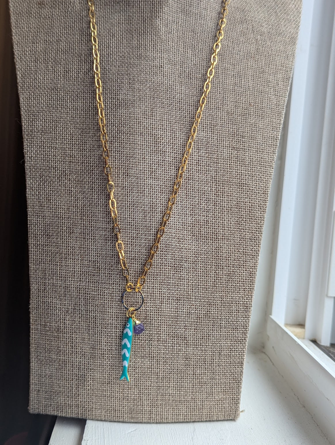 Teal Fishy Long Gold Necklace