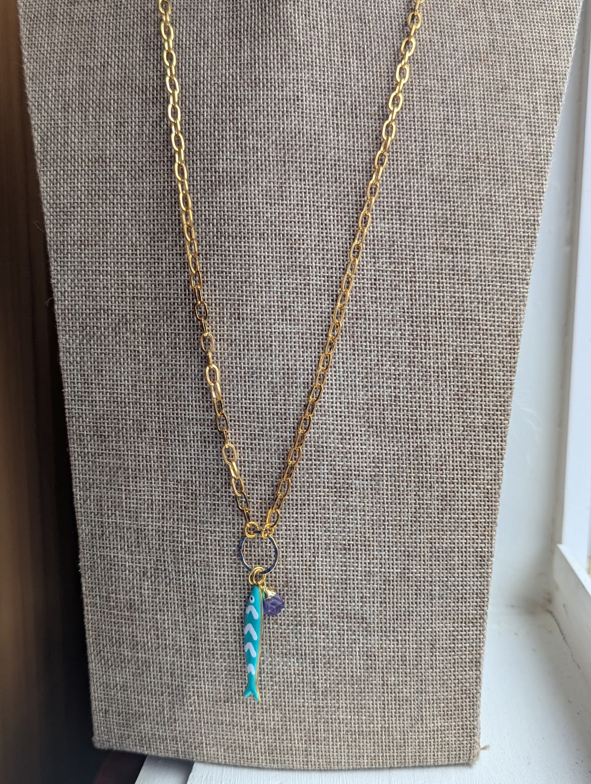 Teal Fishy Long Gold Necklace