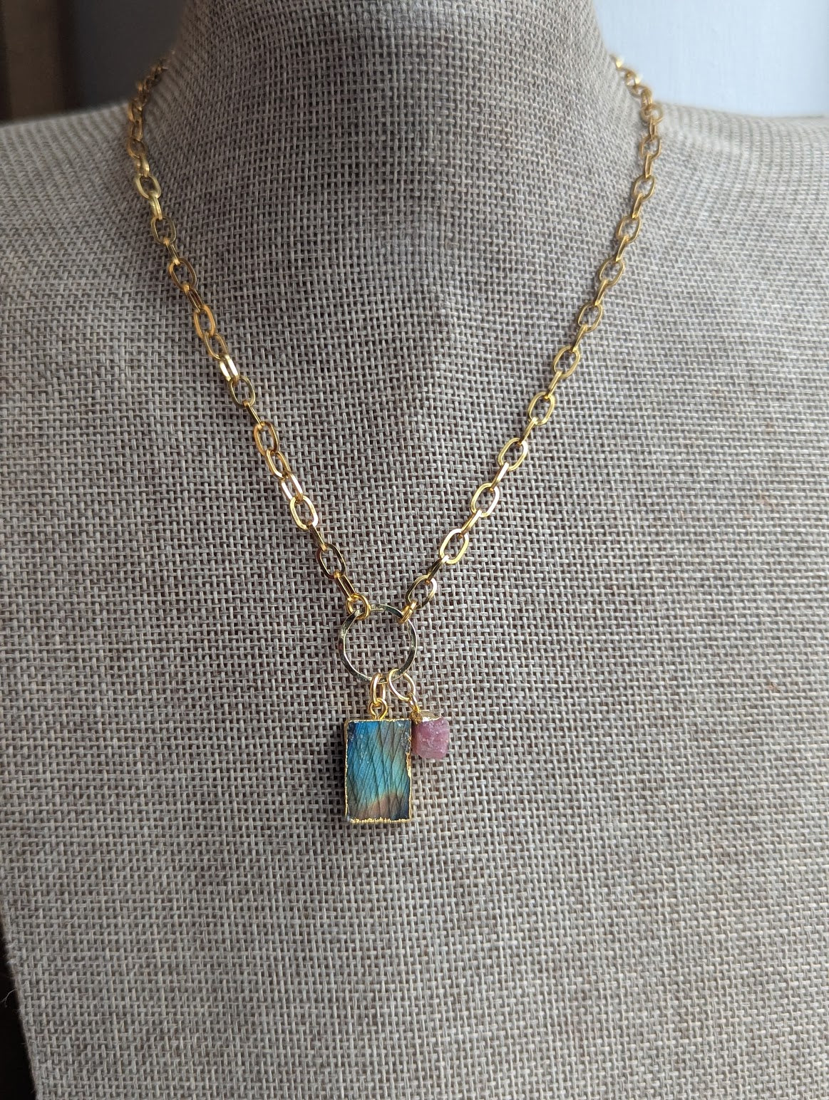 Labradorite and Pink Tourmaline Gold Necklace
