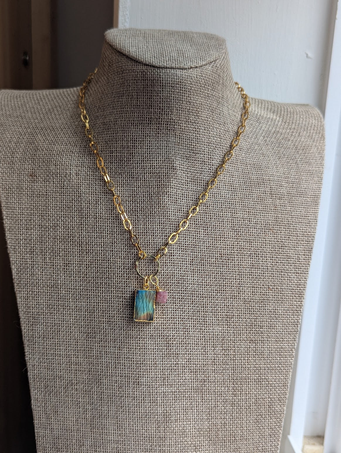 Labradorite and Pink Tourmaline Gold Necklace