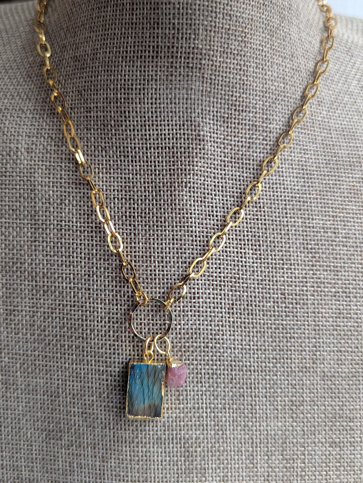 Labradorite and Pink Tourmaline Gold Necklace