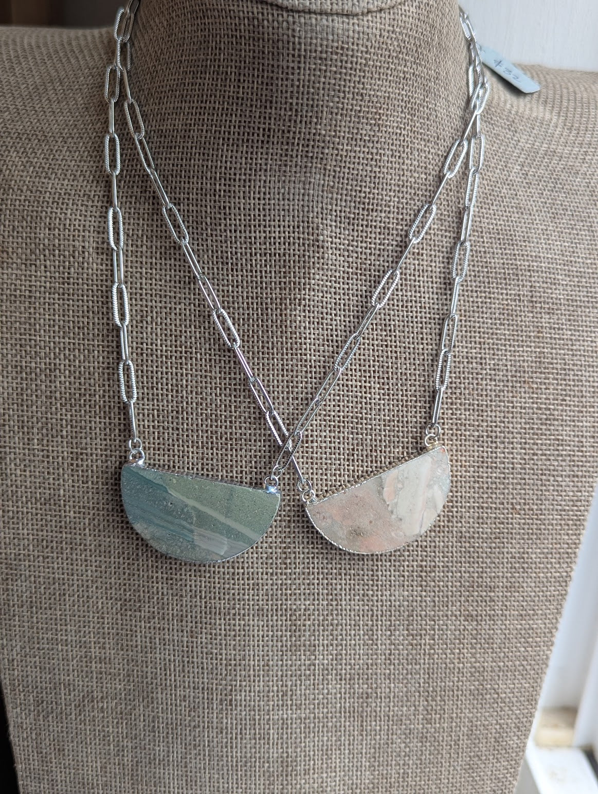 Jasper Half Moon Silver Paperclip Necklace (Various Styles Available)