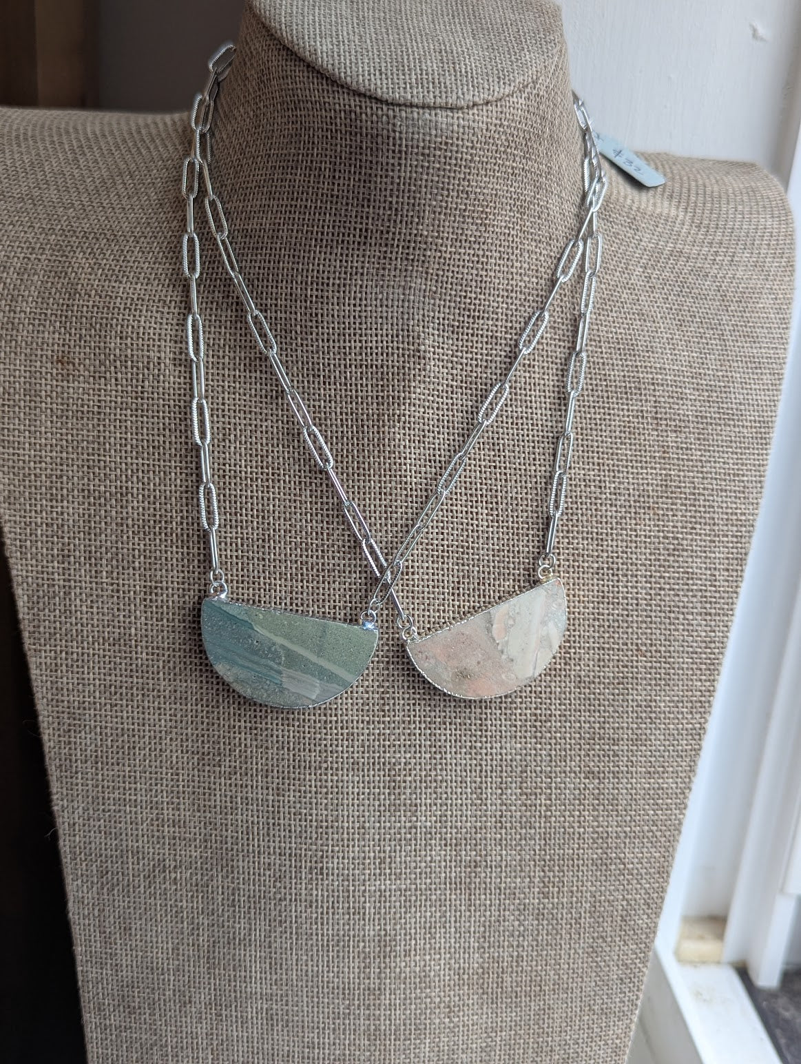 Jasper Half Moon Silver Paperclip Necklace (Various Styles Available)