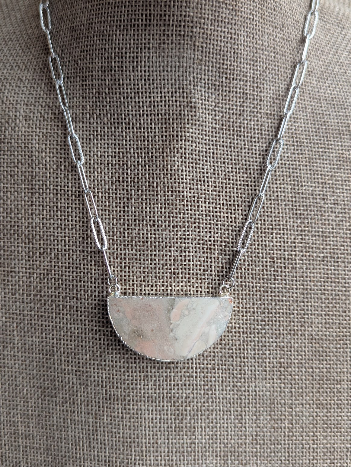 Jasper Half Moon Silver Paperclip Necklace (Various Styles Available)