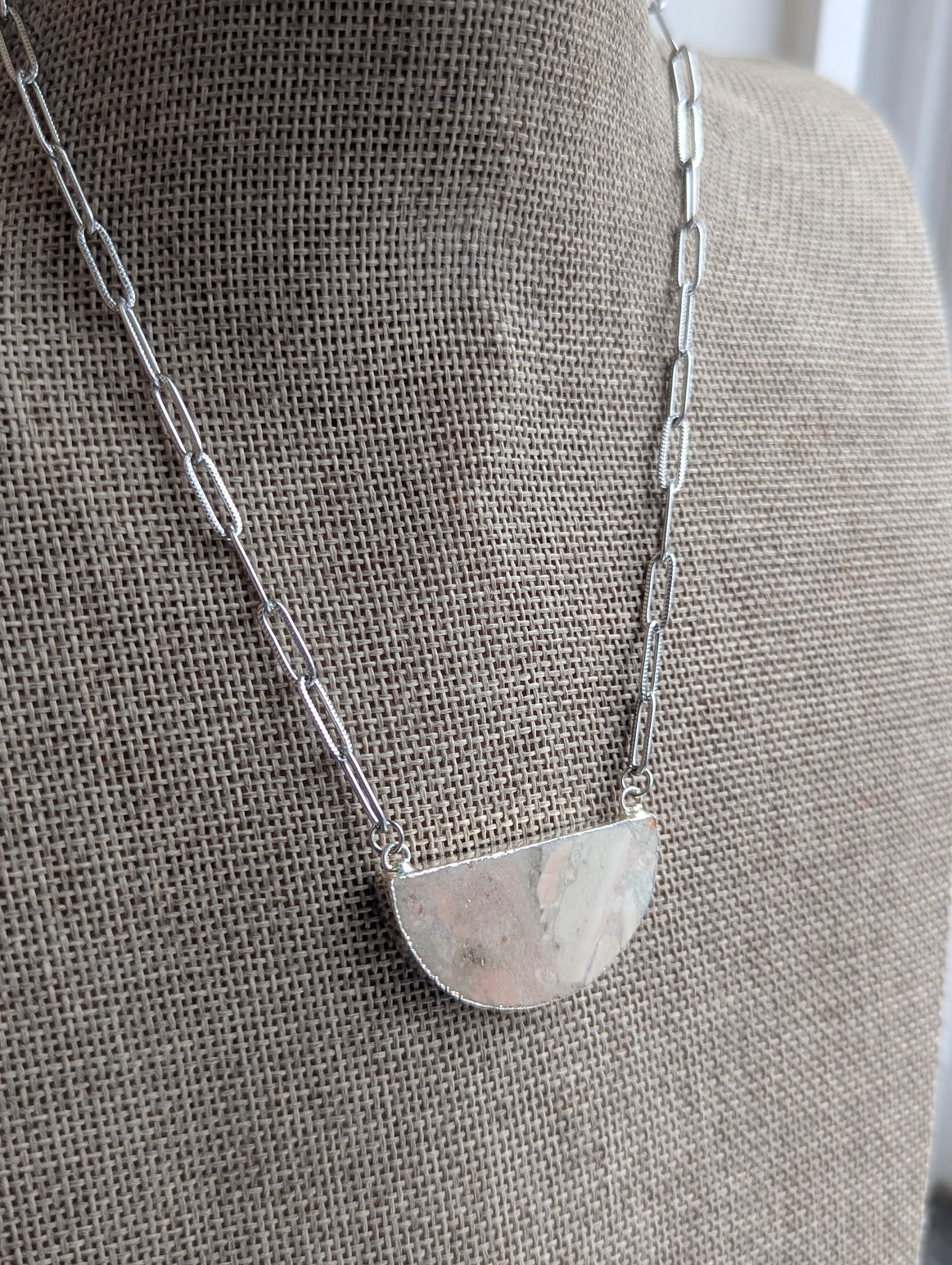Jasper Half Moon Silver Paperclip Necklace (Various Styles Available)