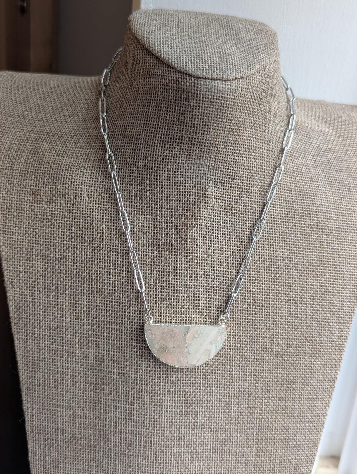 Jasper Half Moon Silver Paperclip Necklace (Various Styles Available)