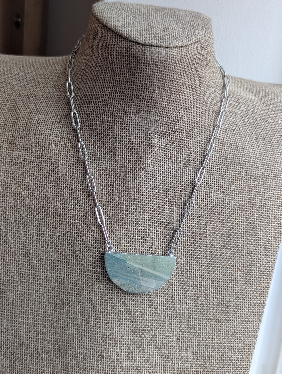 Jasper Half Moon Silver Paperclip Necklace (Various Styles Available)
