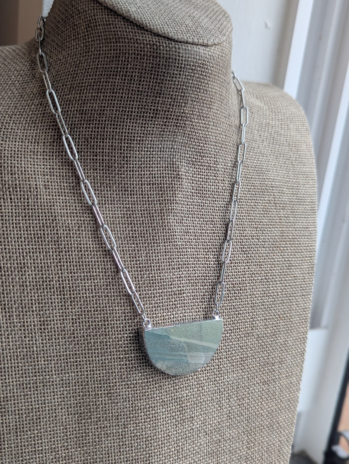 Jasper Half Moon Silver Paperclip Necklace (Various Styles Available)