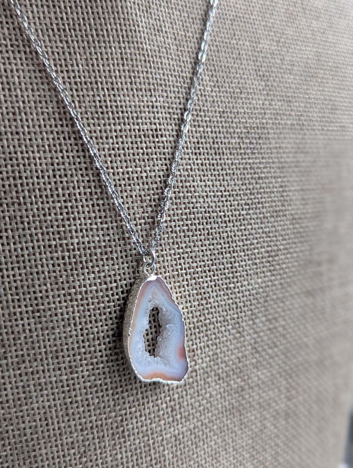 Pink Agate Druzy Silver Slice Necklace