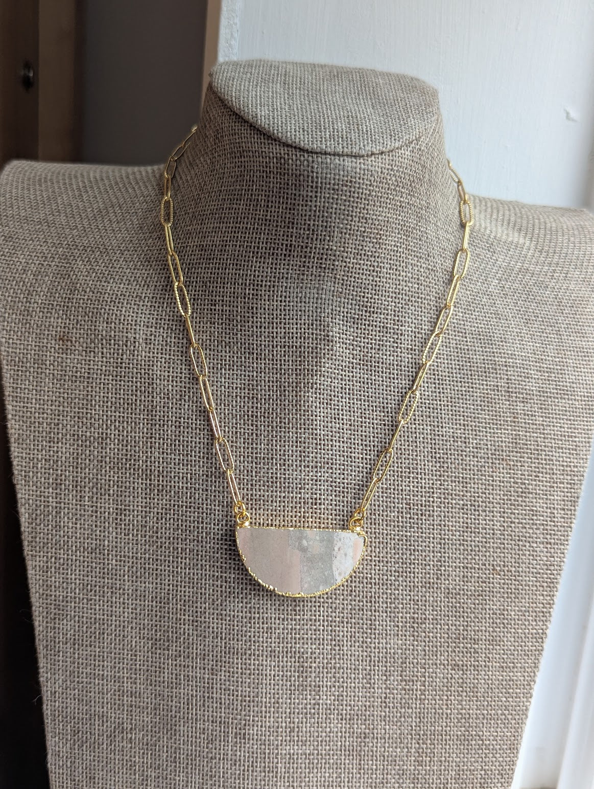 Jasper Half Moon Gold Paperclip Necklace (Various Styles Available)