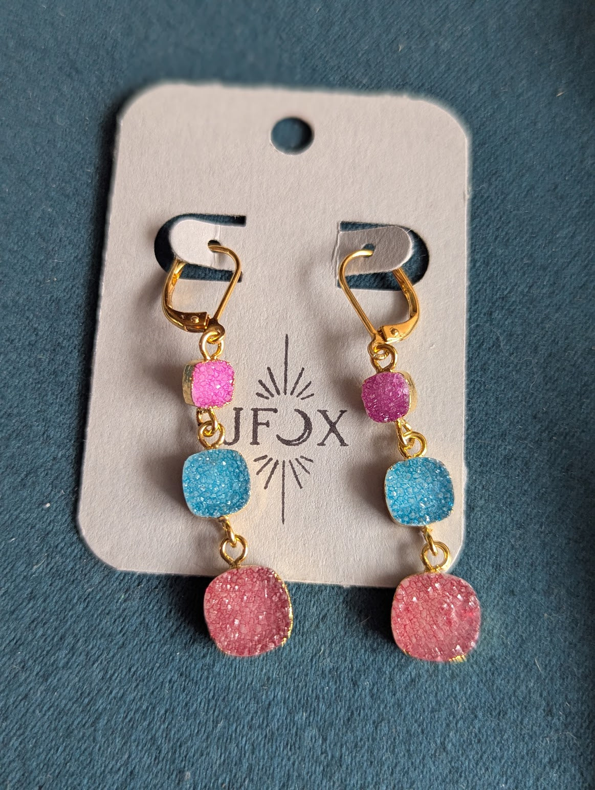 Pink, Blue, Red Druzy Trio Gold Hoop Earrings