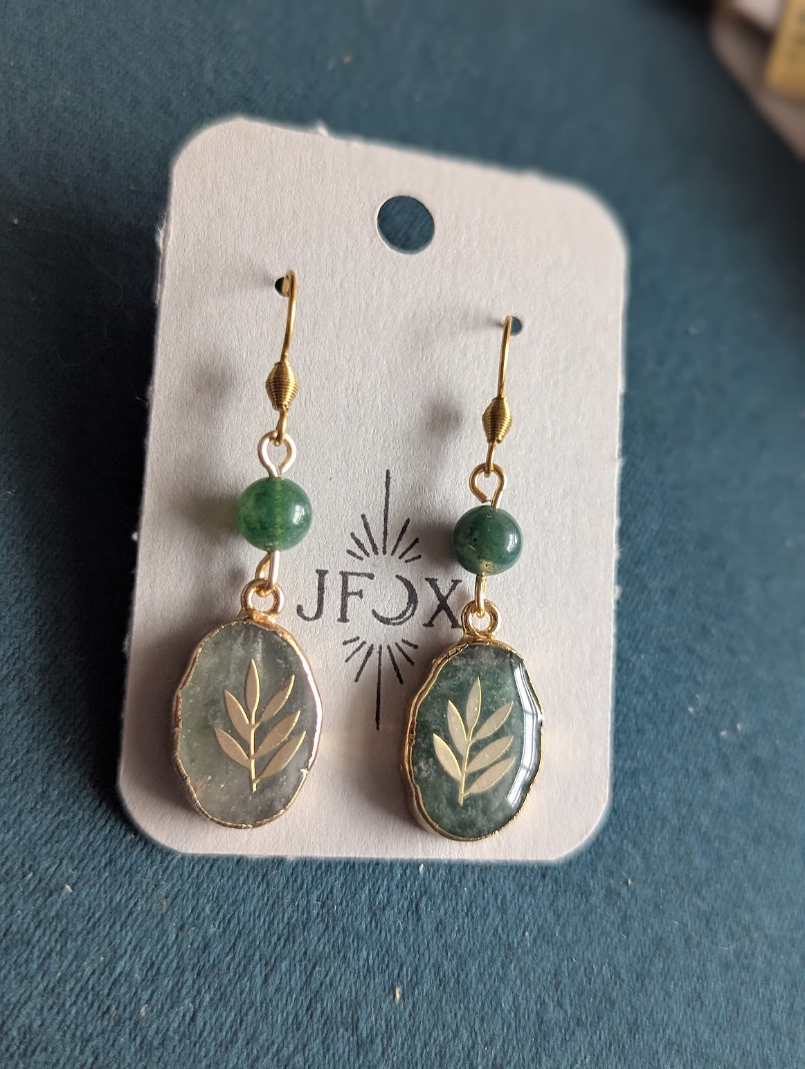 Green Moss Agate Gold Fern Earrings