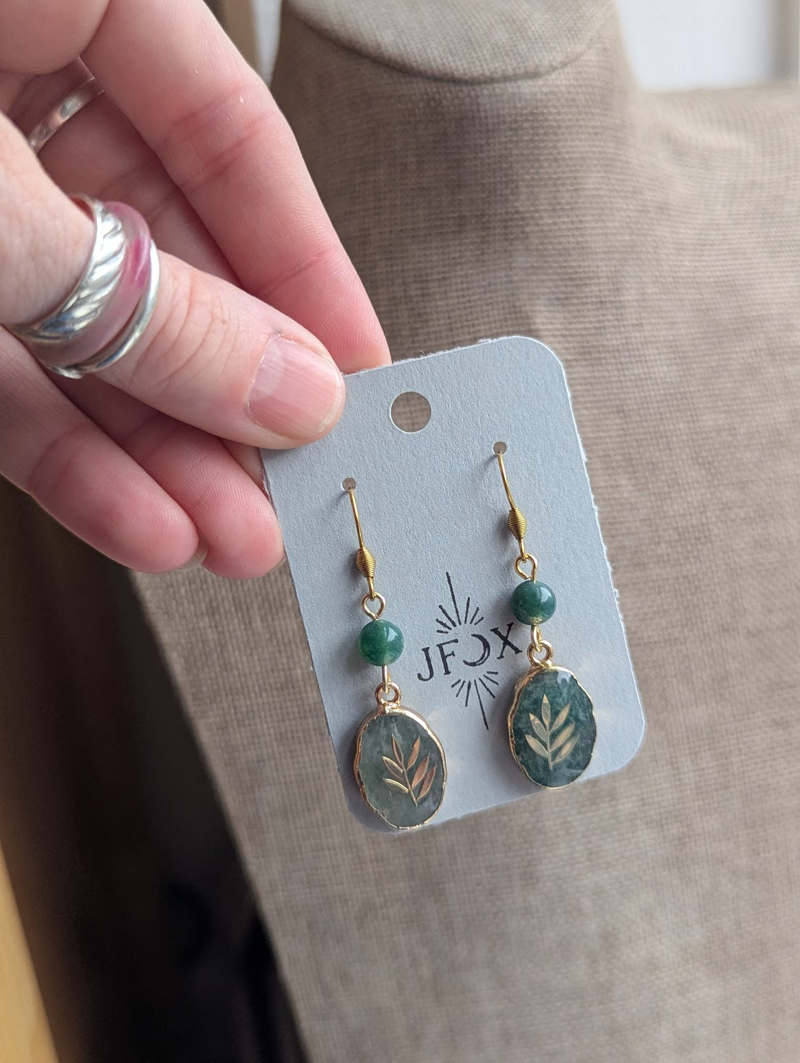 Green Moss Agate Gold Fern Earrings