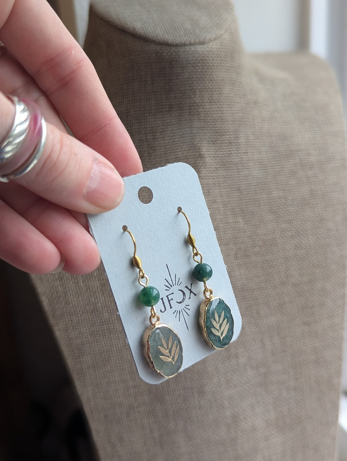 Green Moss Agate Gold Fern Earrings