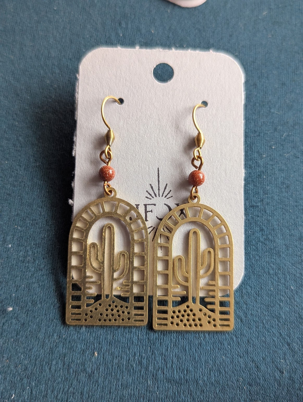 Brass Cactus Red Goldstone Arch Earrings