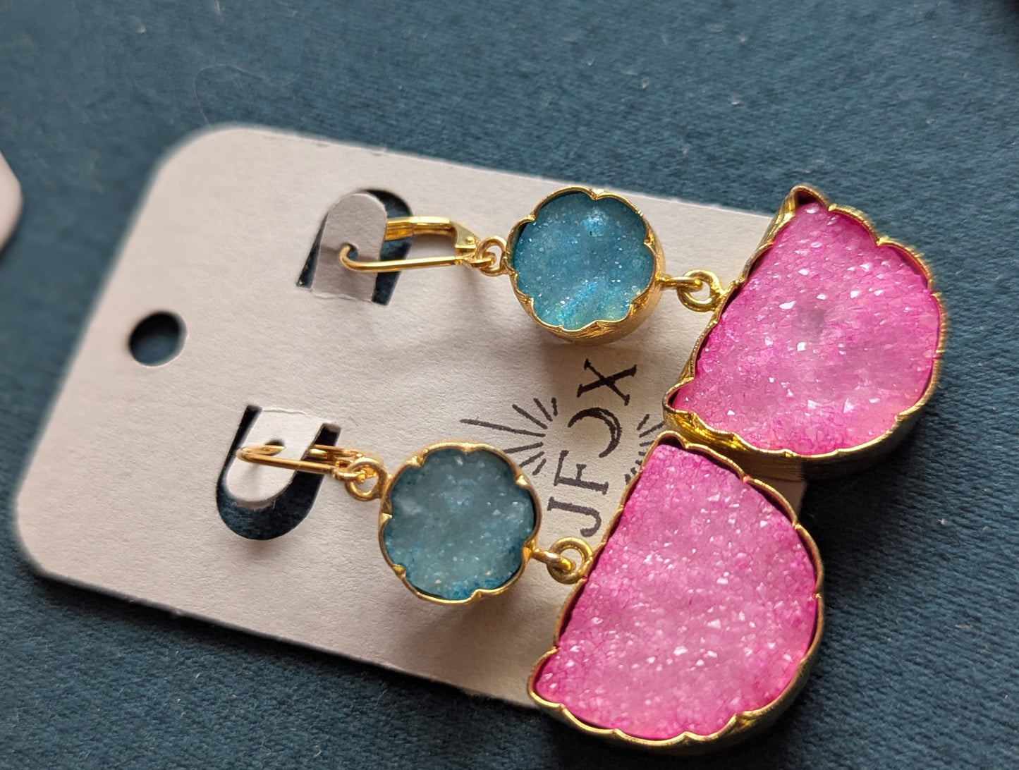Blue and Pink Druzy Half Moon Circle Gold Hoops