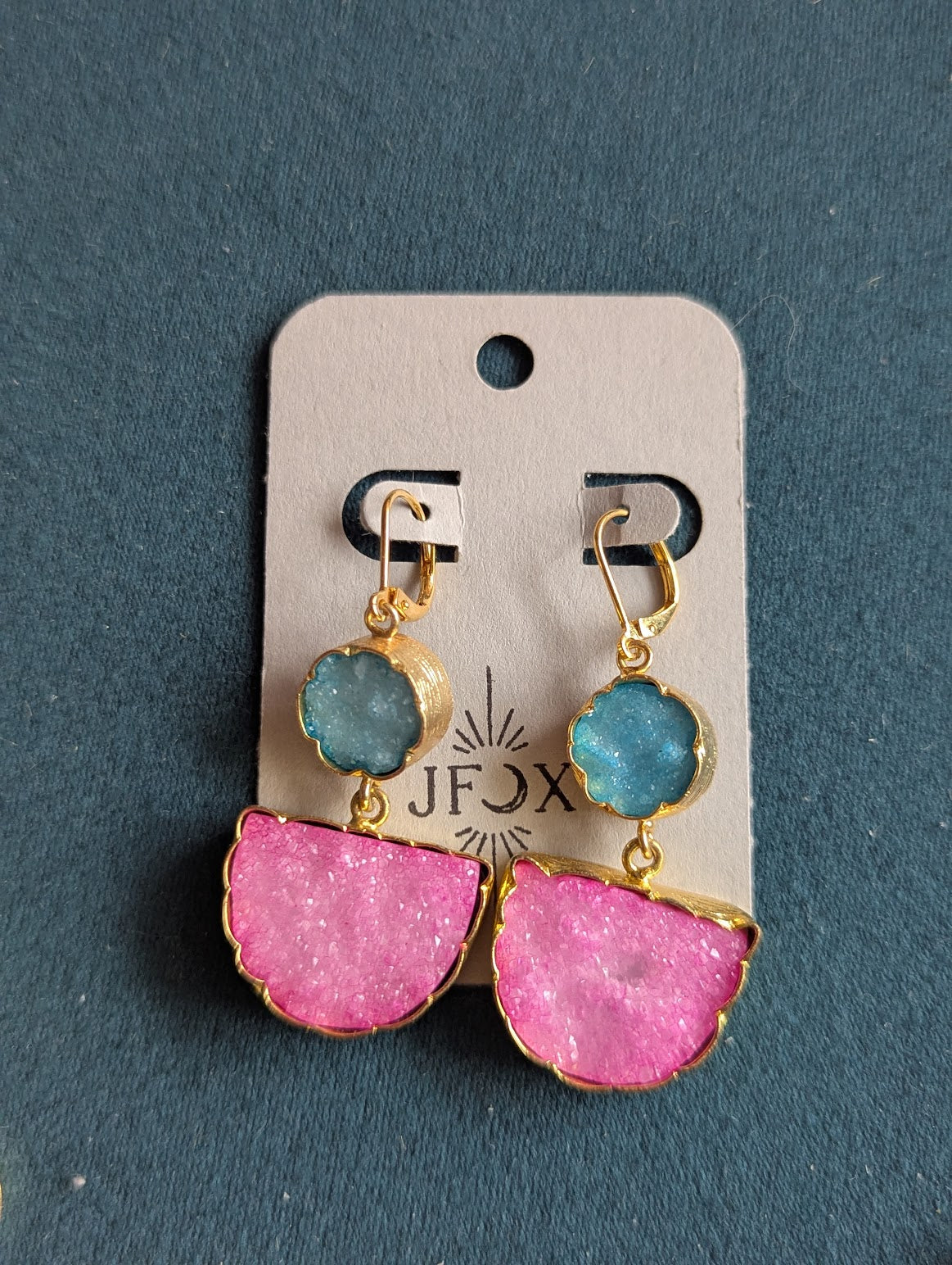 Blue and Pink Druzy Half Moon Circle Gold Hoops