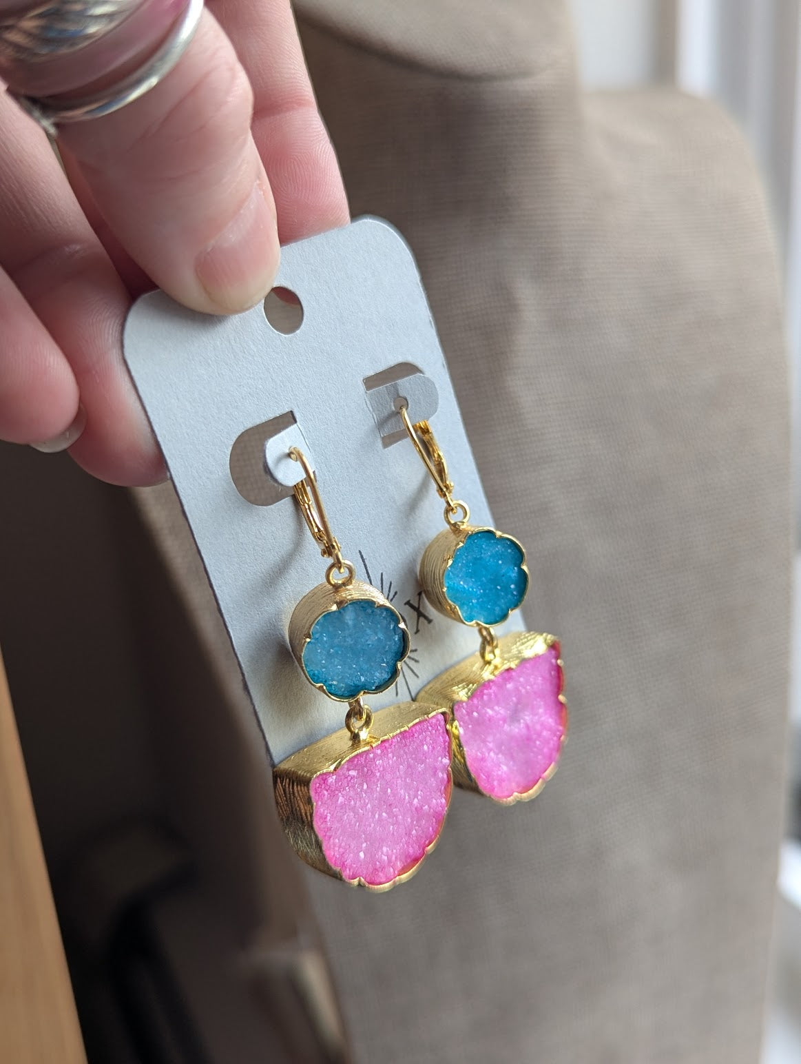 Blue and Pink Druzy Half Moon Circle Gold Hoops