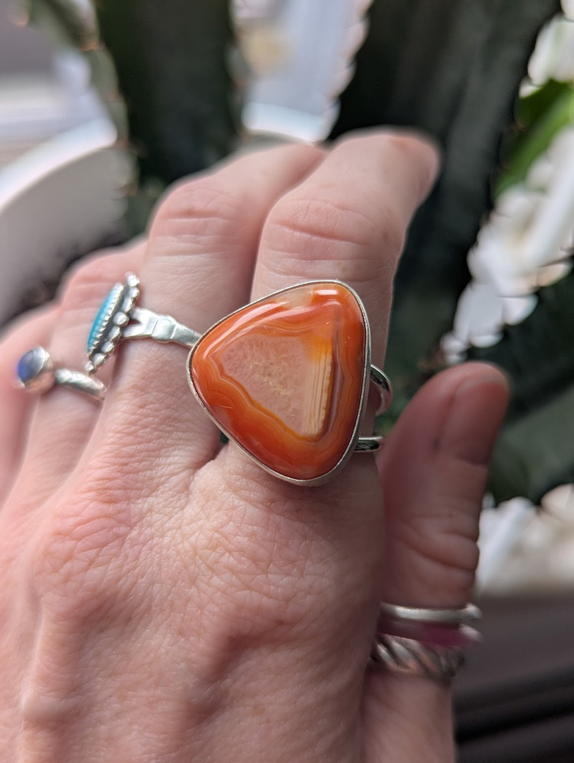 Orange Agate Triangle Silver Ring - Size 8