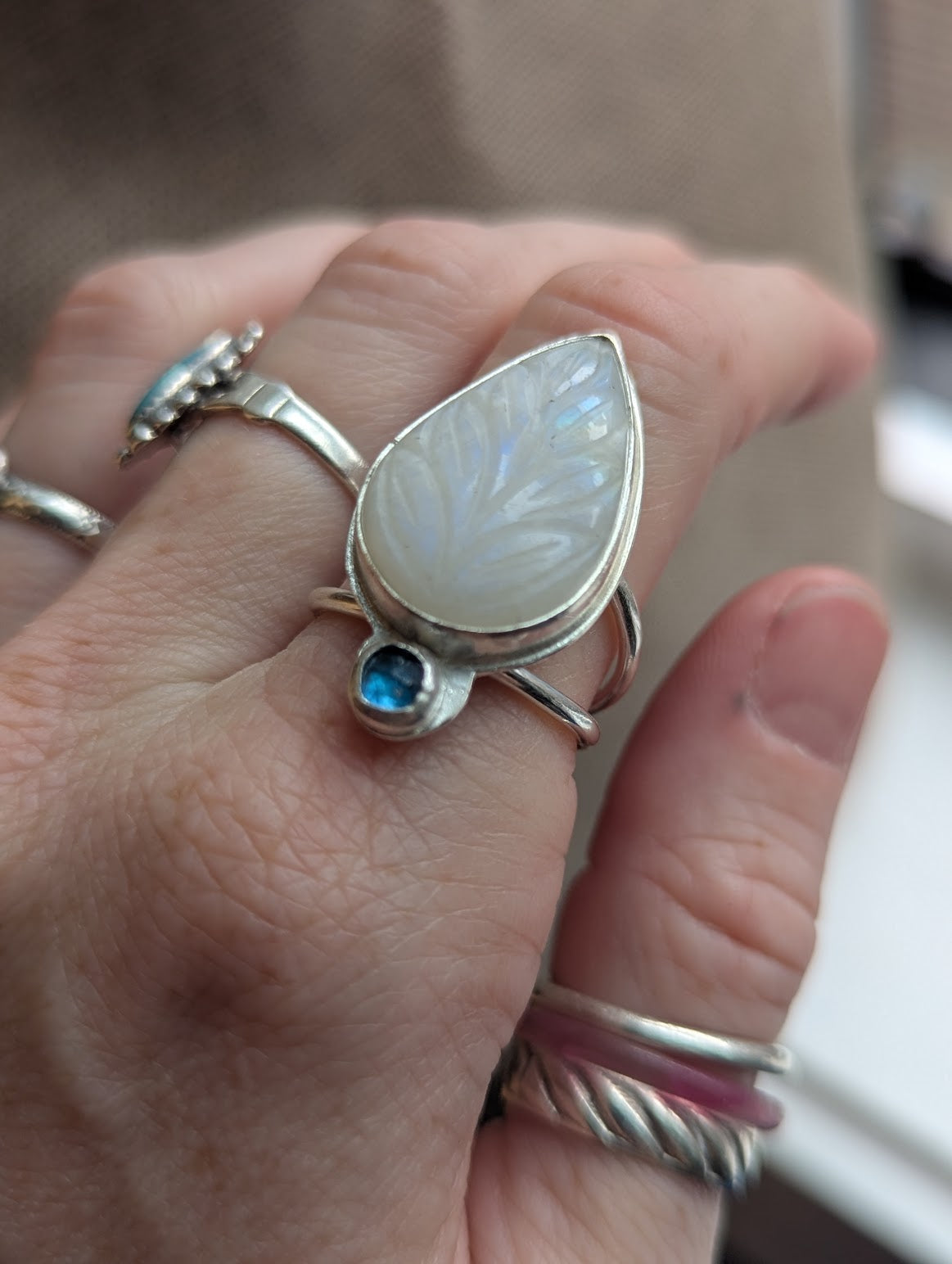 Carved Moonstone and Kyanite Silver Ring - Size 8