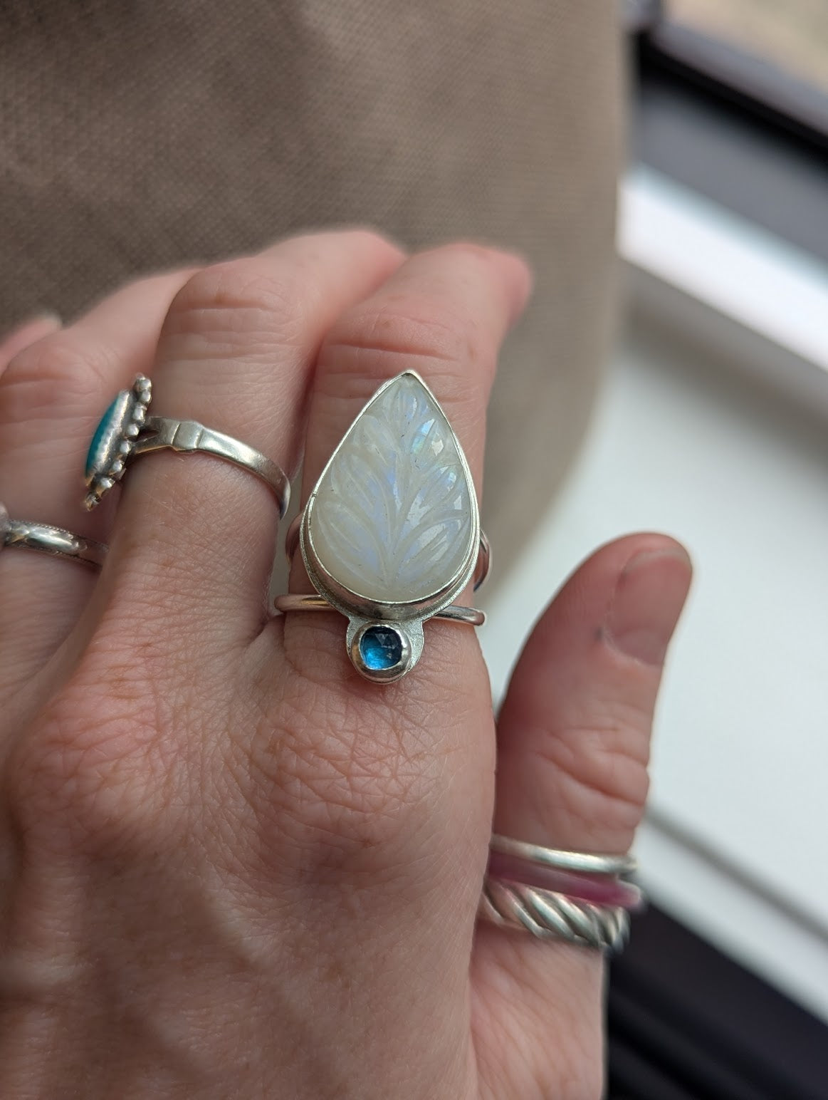 Carved Moonstone and Kyanite Silver Ring - Size 8