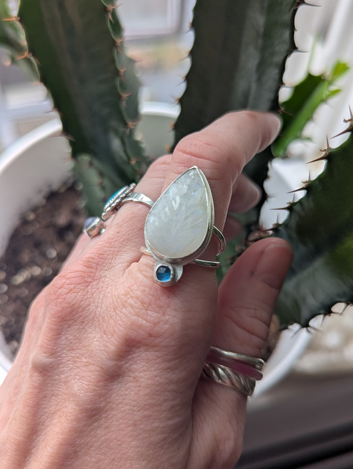 Carved Moonstone and Kyanite Silver Ring - Size 8