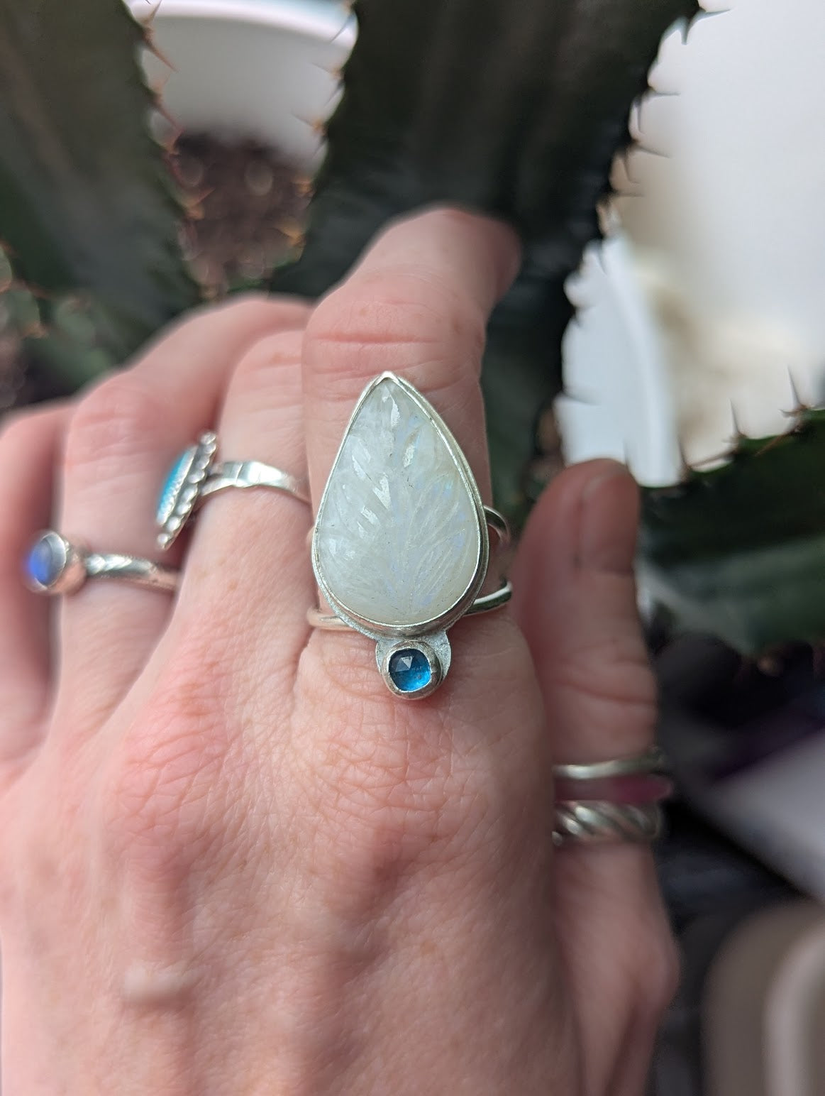 Carved Moonstone and Kyanite Silver Ring - Size 8