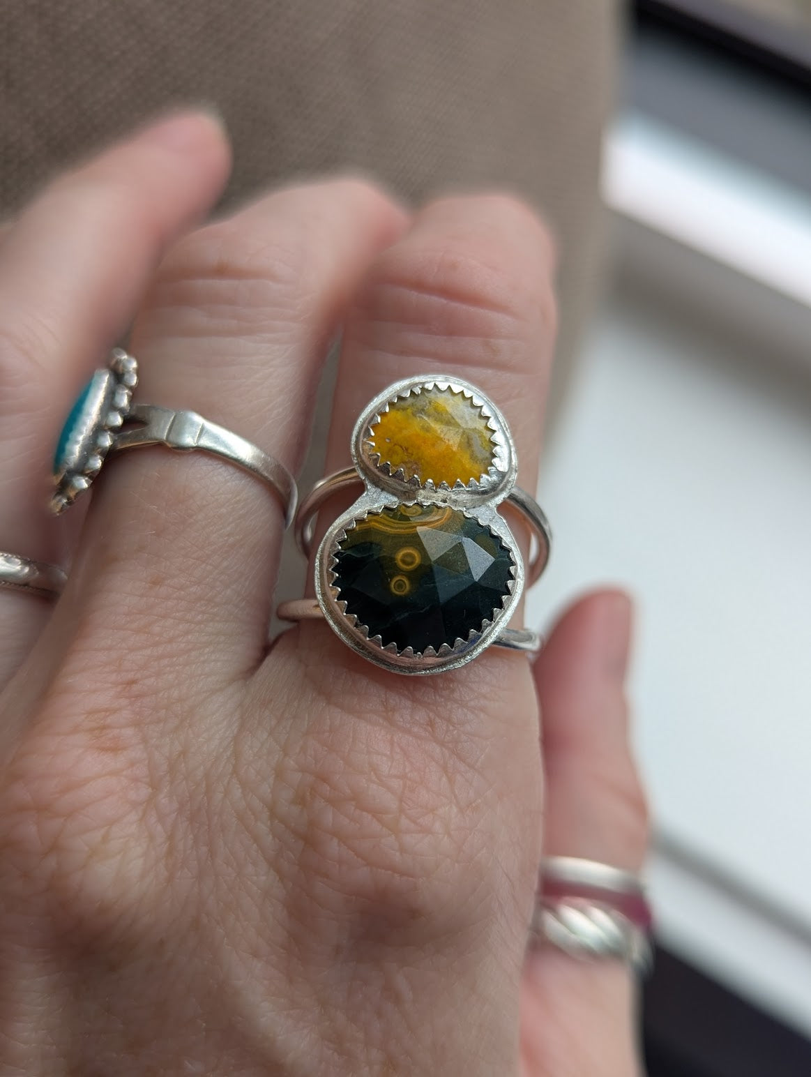 Ocean Jasper and Bumblebee Jasper Duo Silver Ring - Size 9.5